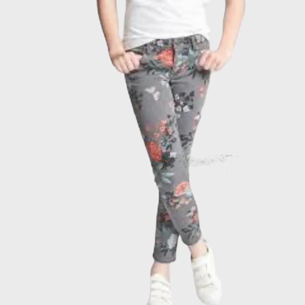 GAP Girls Floral Stretch Jeggings Size 8 Gray Pink Adjustable Waist